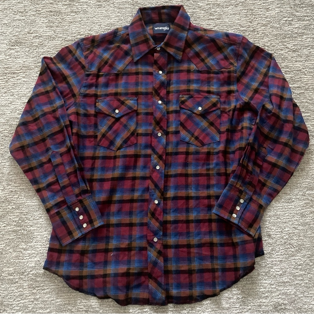 Wrangler Western Shirt Mens Large Flannel Plaid Pearl Snap Long Sleeve Outdoor